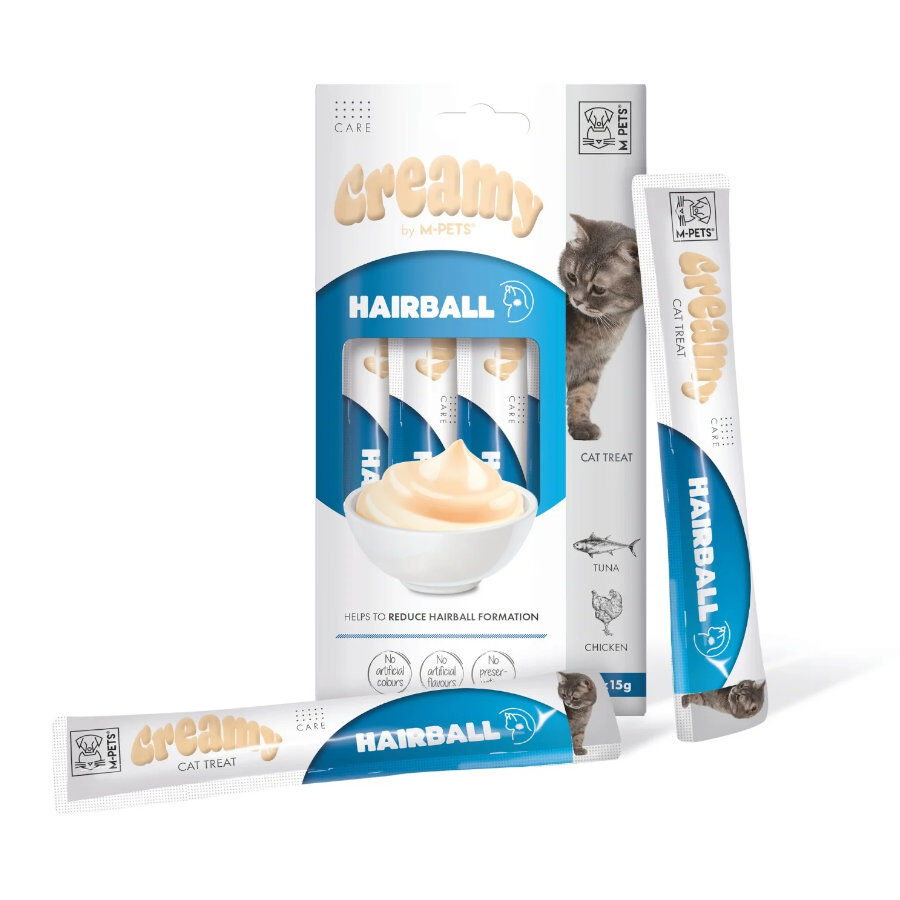 4 sobres x 15 g M-Pets Creamy Bolas de Pelo At&uacute;n y Pollo snack para gatos, , large Imagen numero 1