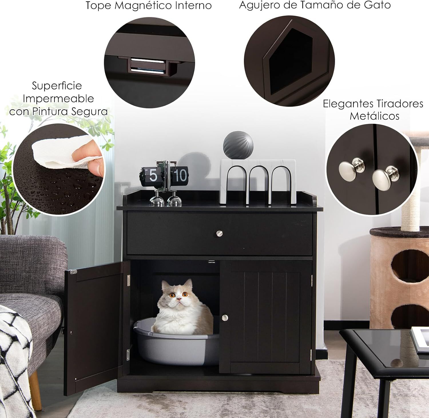 COSTWAY Mueble para Gatos, Caj&oacute;n y 2 Puertas, Casa para Gatos 76 x 53 x 74 cm (Caf&eacute;), , large Imagen numero 4