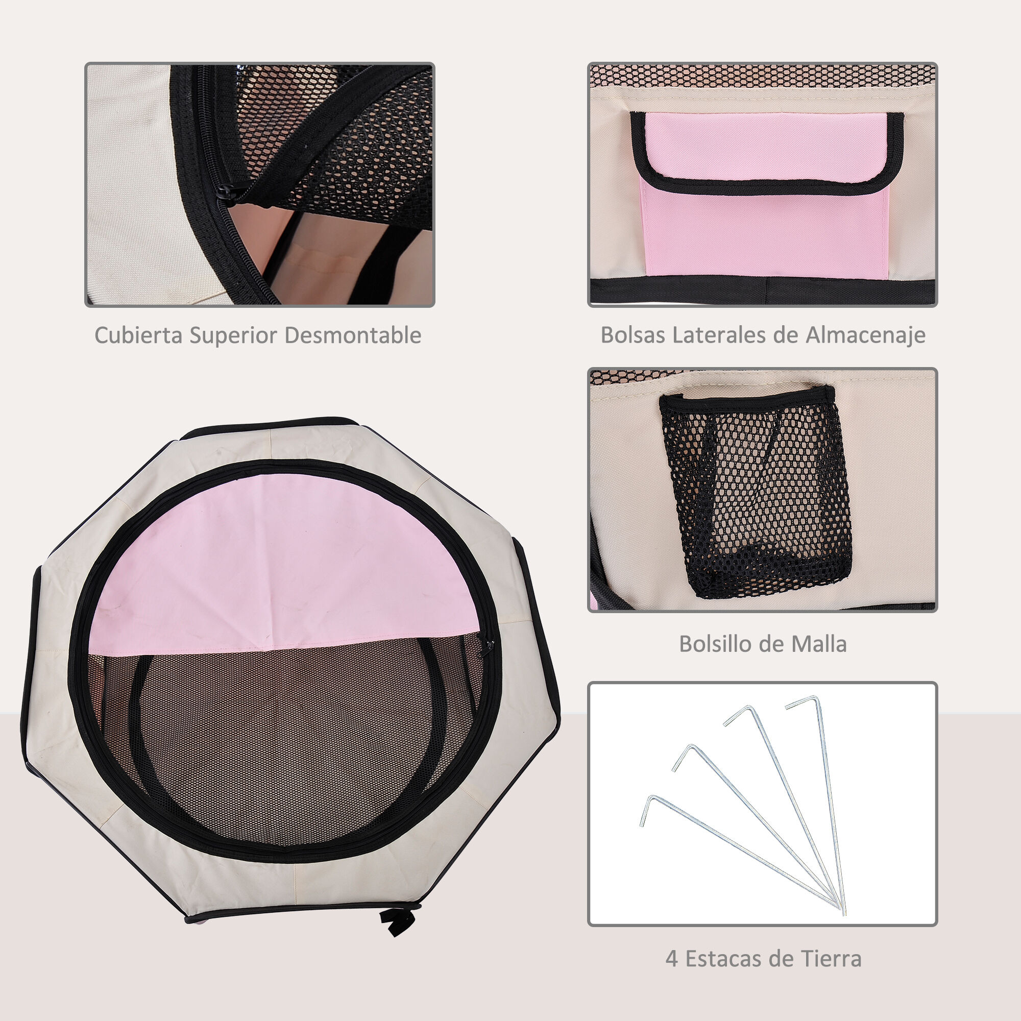 PawHut Parque Plegable para Perros y Gatos, Corralito Port&aacute;til para Animales Peque&ntilde;os Impermeable de Tela Oxford con 2 Puertas, para Exterior e Interior, &Oslash;90x41 cm, Rosa, , large Imagen numero 5