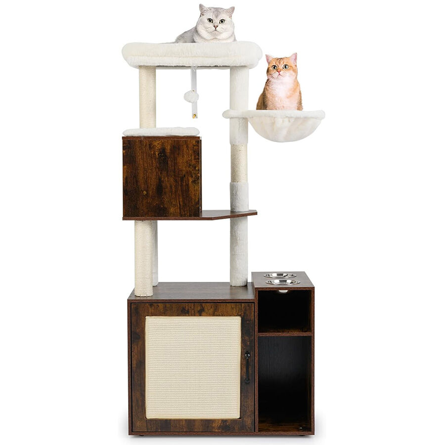 COSTWAY &Aacute;rbol Rascador con Caja de Arena para Gatos, Mueble Arenero Gatos con Poste y Alfombrilla Rascadora de Sisal, Pelota, Ba&ntilde;o Oculto, 2 Comederos, Caja de Arena Oculta Gato (Marr&oacute;n + Blanco), , large Imagen numero 1