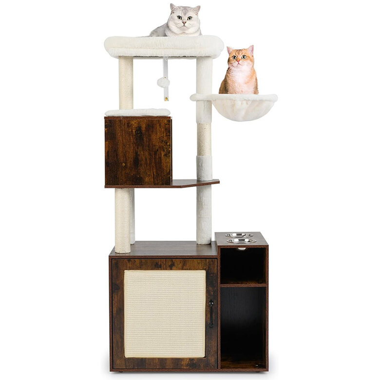 COSTWAY Árbol Rascador con Caja de Arena para Gatos, Mueble Arenero Gatos con Poste y Alfombrilla Rascadora de Sisal, Pelota, Baño Oculto, 2 Comederos, Caja de Arena Oculta Gato (Marrón + Blanco)