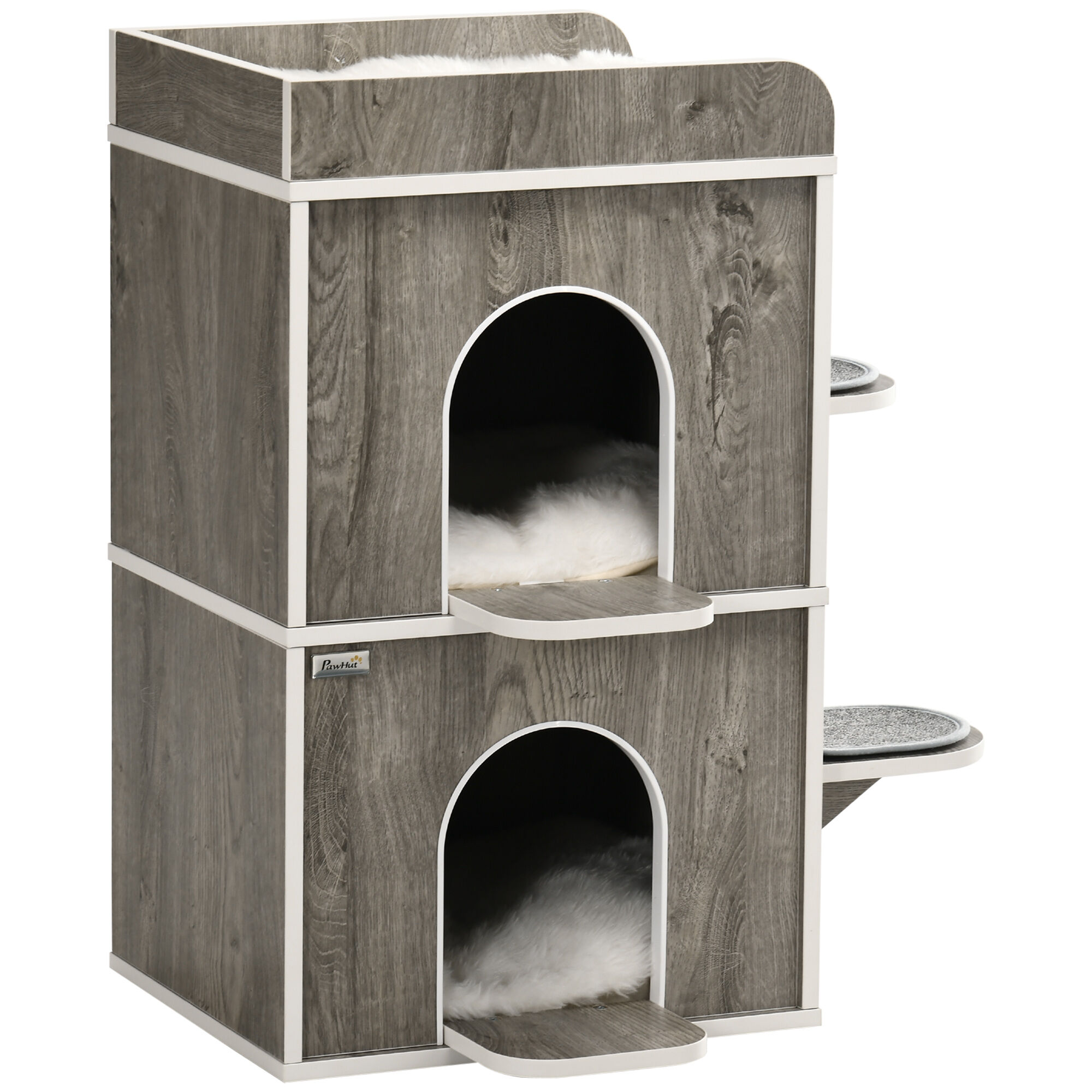 Pawhut Caseta para Gatos de Madera Casa para Gatos Forma de Barril con 3 Cojines 2 Orificios Frontales y 2 Plataformas Laterales 68x53x80,5 cm Gris, , large Imagen numero 1