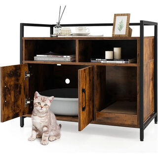 COSTWAY Caja de Arena de Madera con Estante y 2 Compartimentos para gatos