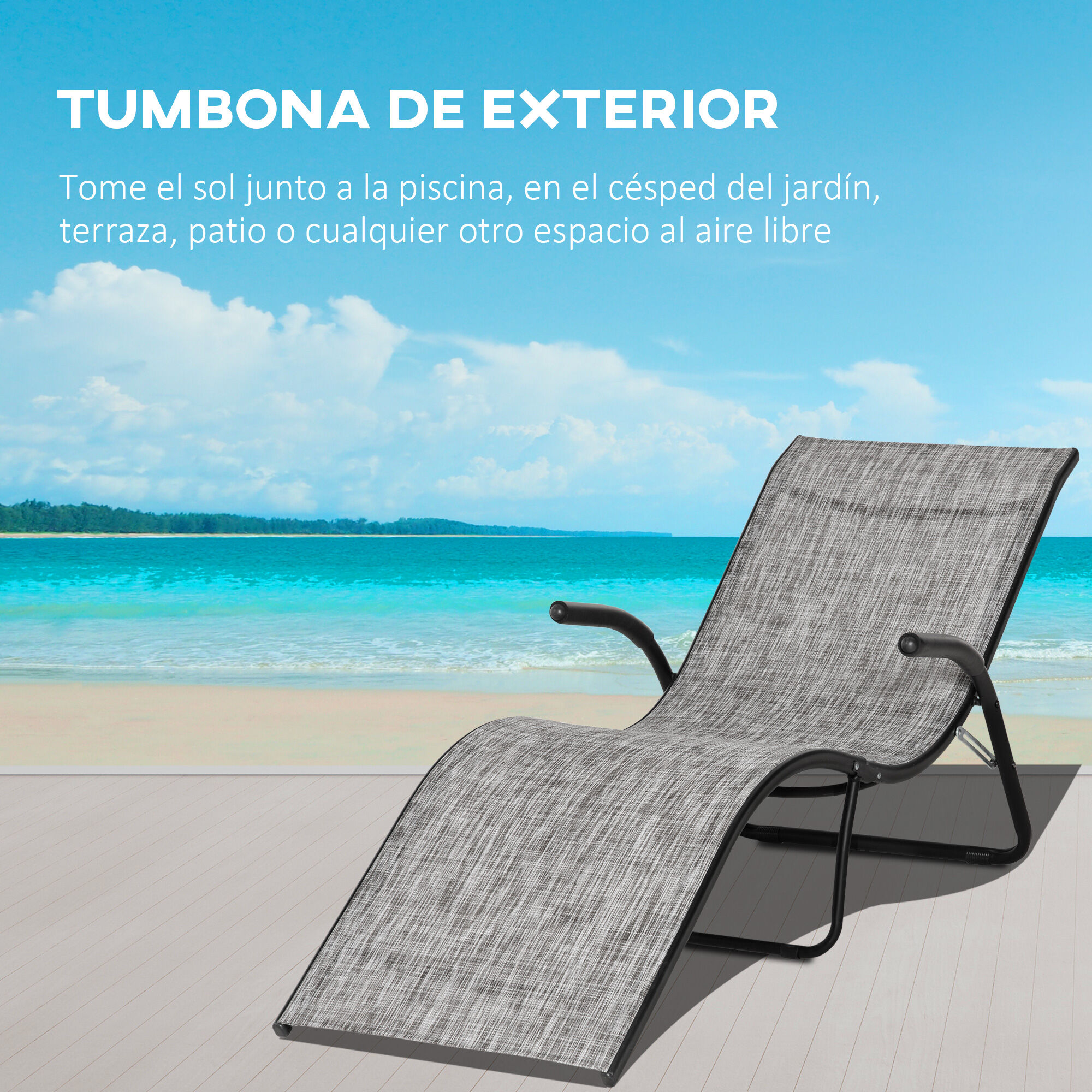 Outsunny Conjunto de 2 Tumbonas Plegables Tumbonas de Jard&iacute;n con Reposabrazos Reposapi&eacute;s y Respaldo Carga 160 kg para Terraza Playa Camping Exterior 170x62x68 cm Gris, , large Imagen numero 4