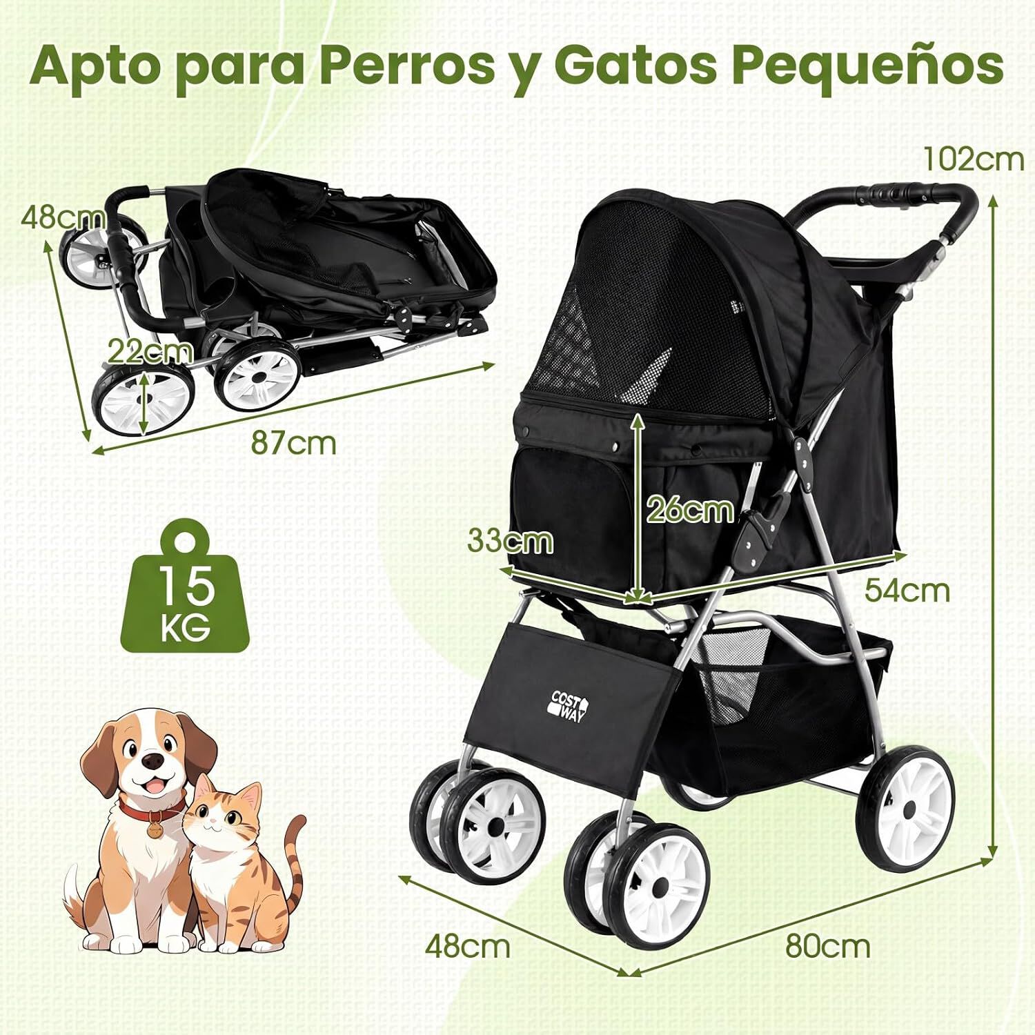 COSTWAY Cochecito para Mascotas, Carrito para Perros Plegable con Ruedas Grandes, Malla Transpirable, Cubierta Impermeable, Portavasos y Cesta, Carro para Perros Peque&ntilde;os y Gatos hasta 15 kg, Negro, , large Imagen numero 3