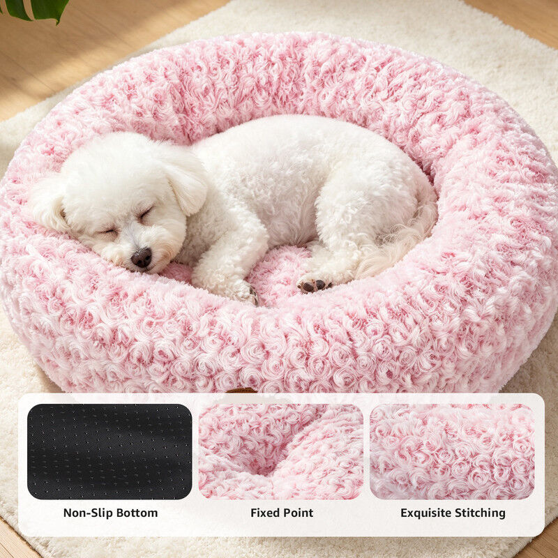 Nobleza Cama Redonda para Gatos y Perros Peque&ntilde;os/Medianos (&Oslash; 60 cm) - Coj&iacute;n Donut Antiestr&eacute;s de Felpa Suave con Textura Rosas, Cama Lavable e Antideslizante, Rosa, , large Imagen numero 4
