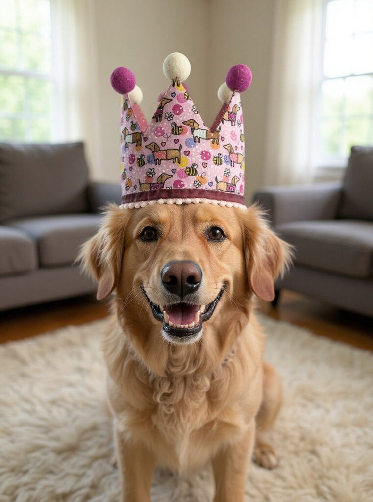 Gorro de cumplea&ntilde;os forma de corona - - Hecha a mano - Estampado de Perro Salchicha Feliz - Rosa, , large Imagen numero 5