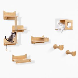 COSTWAY Juego de Muebles de Pared para Gatos de 6 Piezas, Estantes con Hamaca, Cuenco, Árbol de 3 Escalones y Postes Rascadores, Parque para Gatitos de Interior, Natural