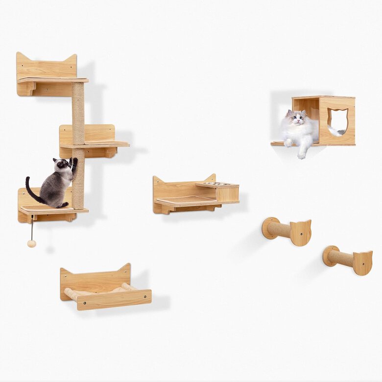 COSTWAY Juego de Muebles de Pared para Gatos de 6 Piezas, Estantes con Hamaca, Cuenco, Árbol de 3 Escalones y Postes Rascadores, Parque para Gatitos de Interior, Natural