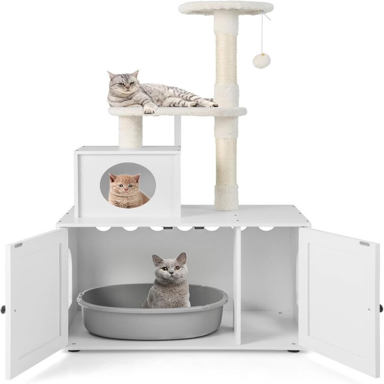 COSTWAY Casa de Madera para Gatos, con Torre Rascadora y Caja de Arena, Todo en 1, con Escondite y División, Mueble para Gatos en Interiores (Blanco)