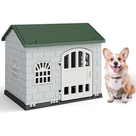 COSTWAY Caseta Perros de Pl&aacute;stico, Refugio para Mascotas con Puerta Bloqueable, 3 Ventanas, Techo Inclinado y Base con Orificios de Drenaje, Jaula Impermeable para Interior y Exterior (Verde)