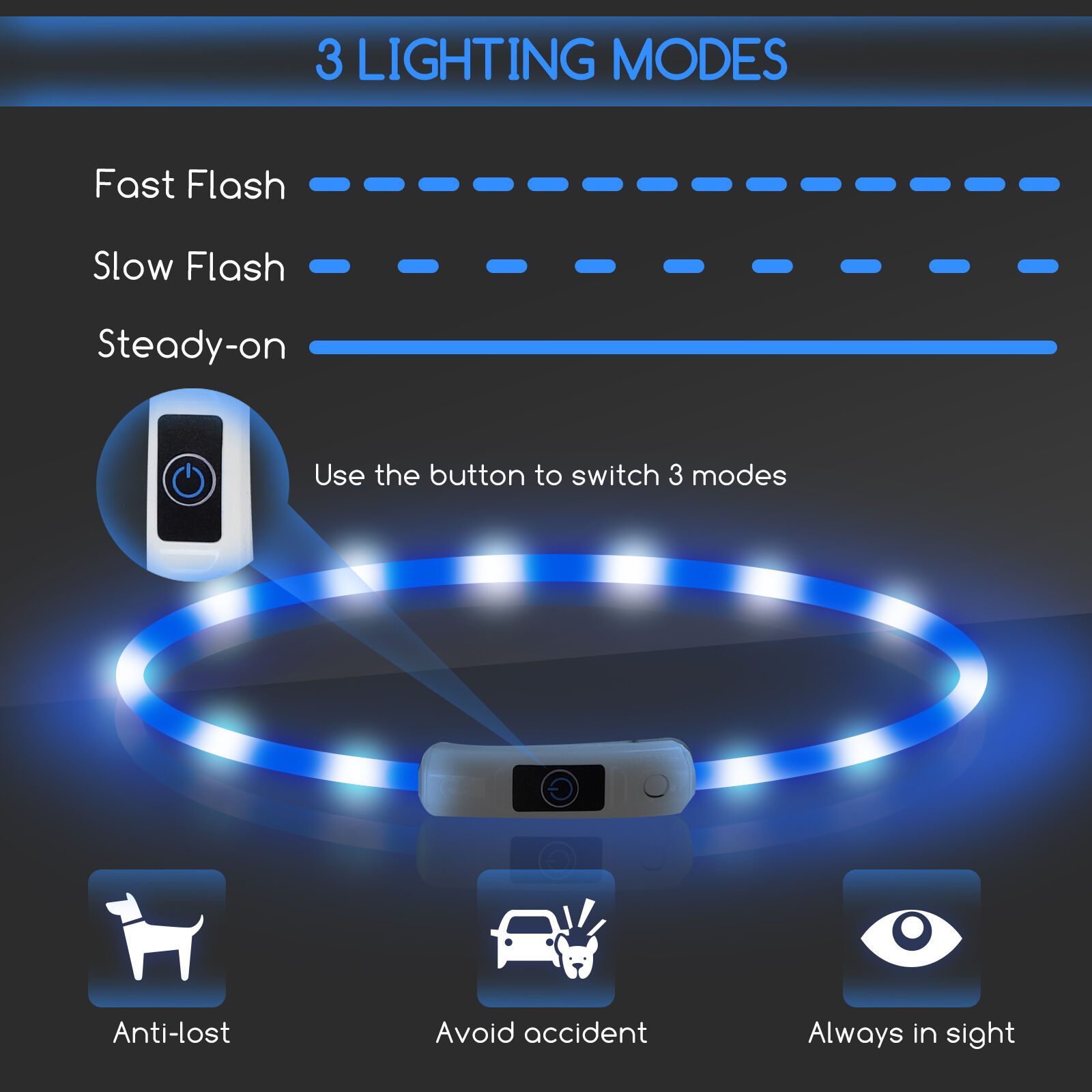 Nobleza - 2 &times; Collar Luminoso Perro de Seguridad Personalizado, 3 Modos Collar Luz Perro con USB Recargable, Ajustable Impermeable Collares LED para Perros Peque&ntilde;os/Medianos/Grandes(Azul), , large Imagen numero 3