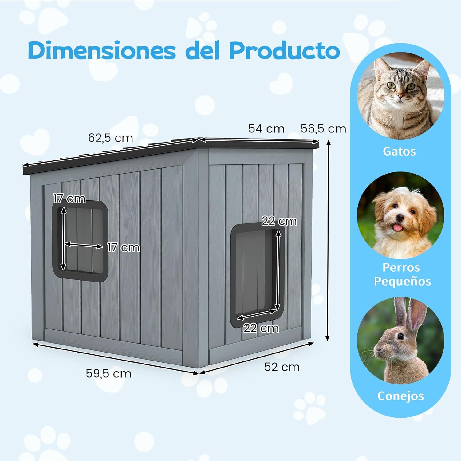COSTWAY Casa para Gatos Exterior, Resistente a la Intemperie, 62,5x54x56,5 cm, Caseta Gato Exterior con 2 PVC Puertas de Rejilla y Techo Inclinado, Refugio para Mascotas, Cachorros, Conejos, Gris, , large Imagen numero 5