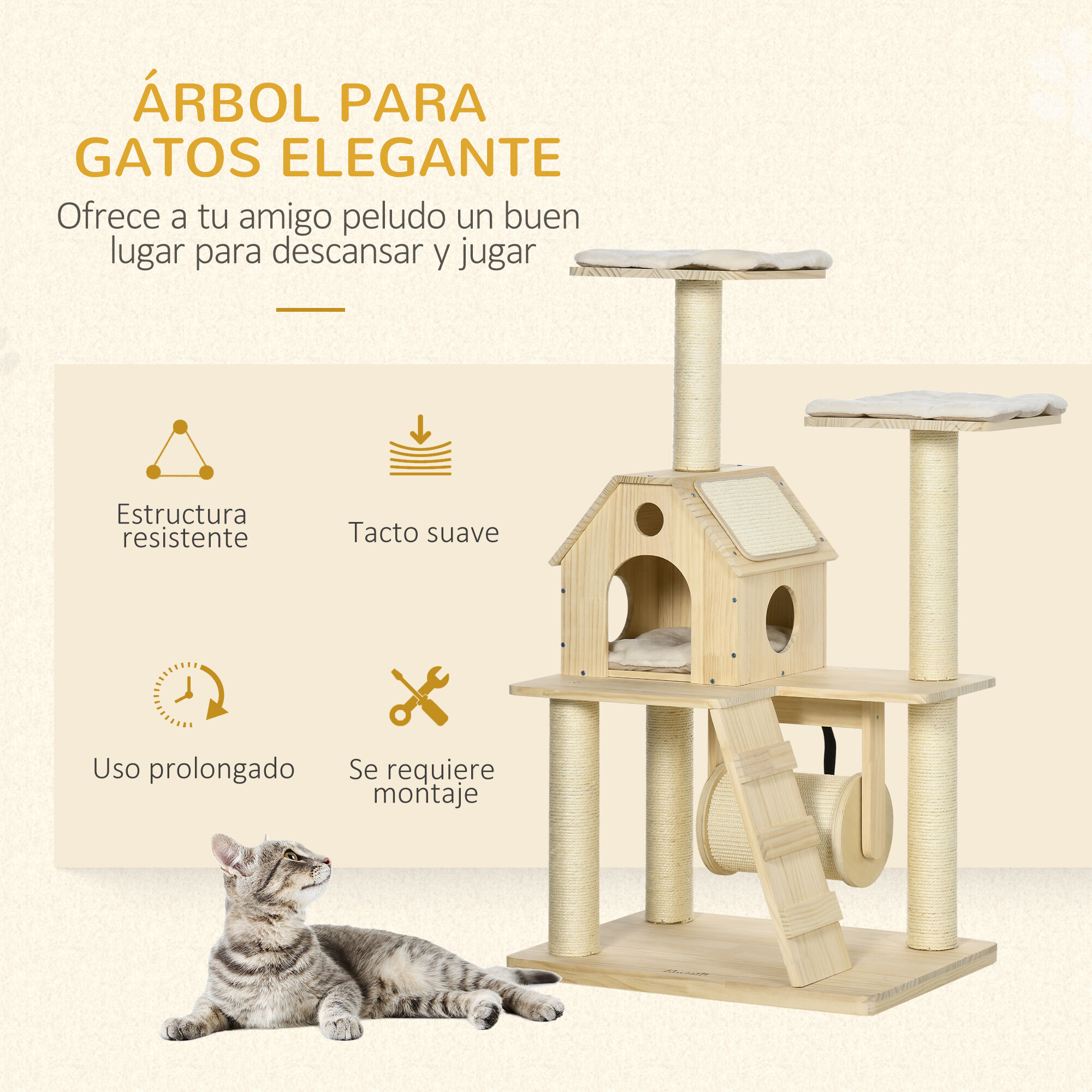 PawHut &Aacute;rbol Rascador para Gatos de Madera Altura 125 cm Torre para Gatos con Camas Coj&iacute;n Lavable Cueva Rodillo Postes de Sisal y Rampa 70x50x125 cm Natural, , large Imagen numero 4