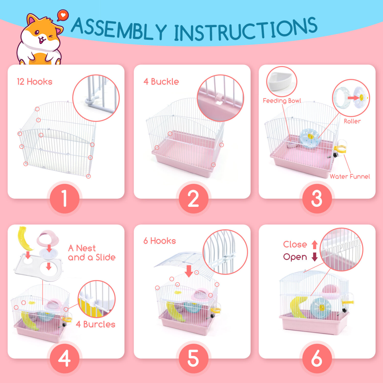 Nobleza - Jaula para H&aacute;mster， Casa para Animales Peque&ntilde;os 2 Pisos con Rueda Bebedero comedero， L23*W17*H24CM (Rosa), , large Imagen numero 5