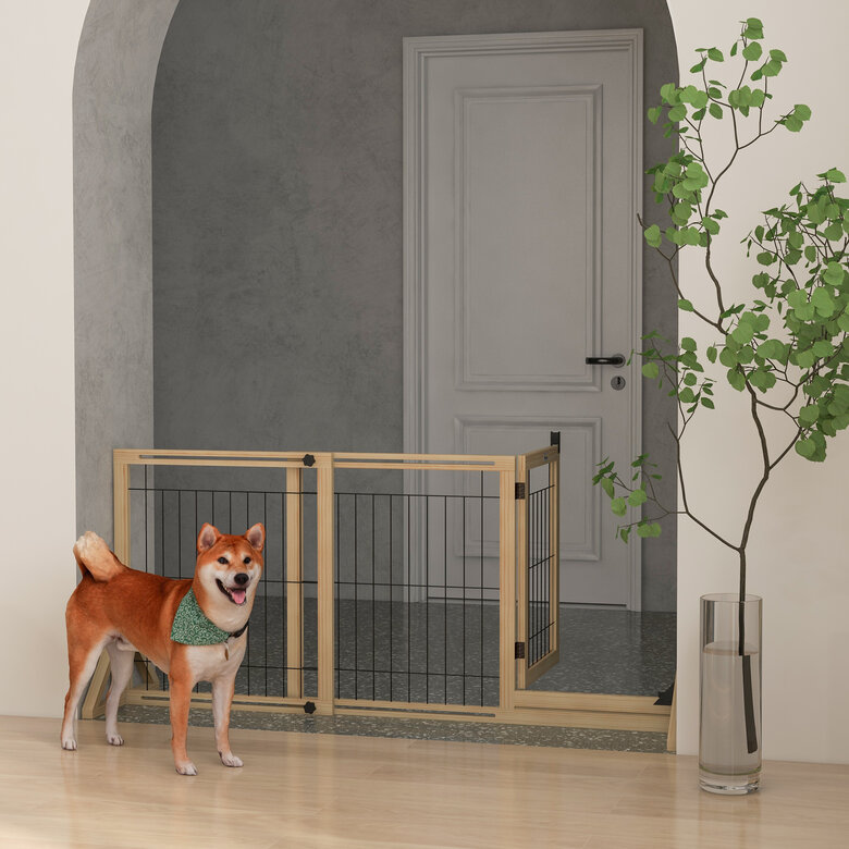 PawHut Barrera para Perros de Madera Valla para Mascotas Extensible de 2  Paneles con Patas de Apoyo Triangulares para Puerta Pasillo Escalera  112-159x44x70 cm Natural