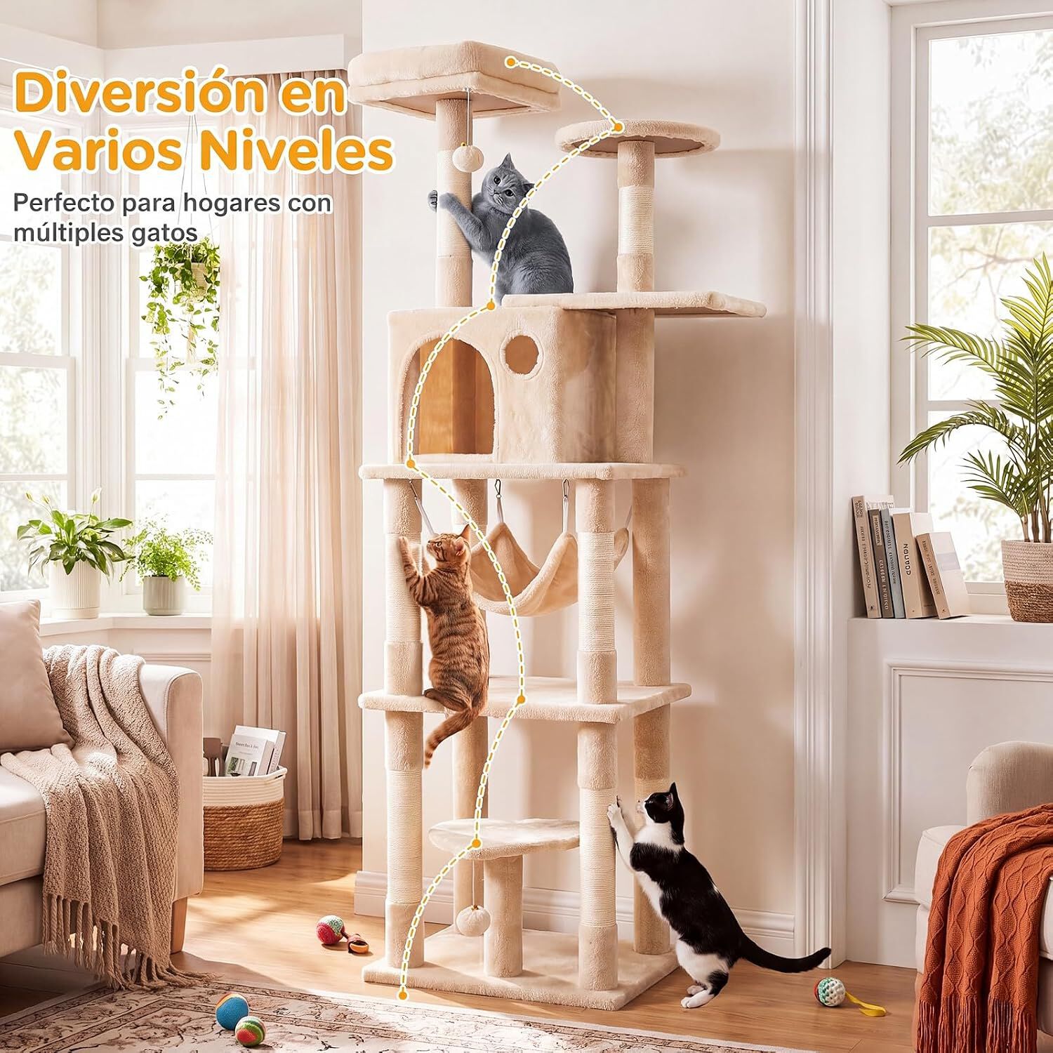 COSTWAY &Aacute;rbol para Gatos Multinivel con Postes Rascadores de Sisal Natural | 168 cm Torre para Gatitos de Interior con Perchas, Hamaca, Condominio y Pompones Colgantes, Mueble de Escalada Felino, , large Imagen numero 3