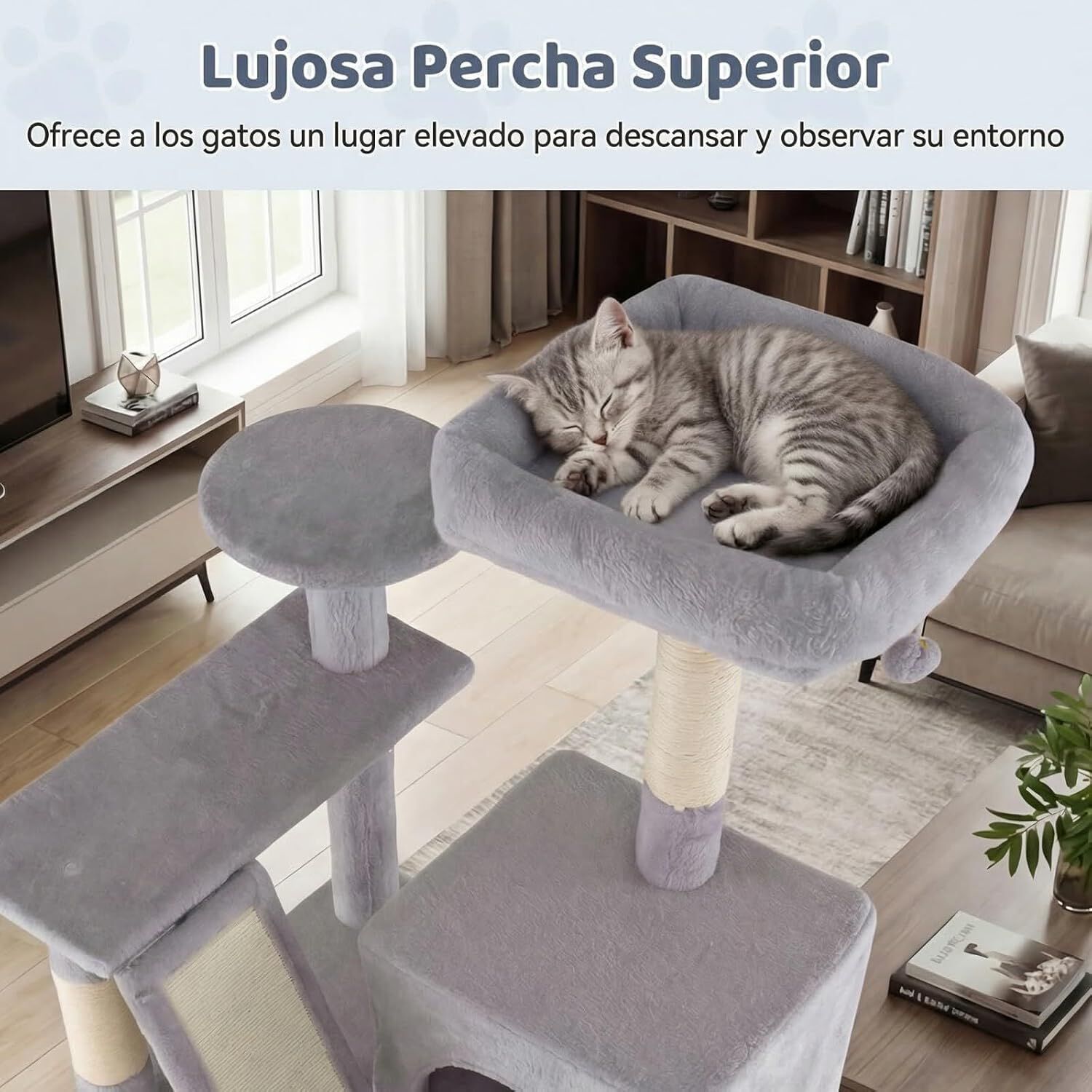 COSTWAY &Aacute;rbol Rascador para Gatos 158 CM, Torre Multinivel con 2 Cuevas Grandes,Hamaca, 3 Postes Rascadores de Sisal, Rampa y Bola Colgante, Torre Rascador de Felpa para Gatos (Gris Claro), , large Imagen numero 3