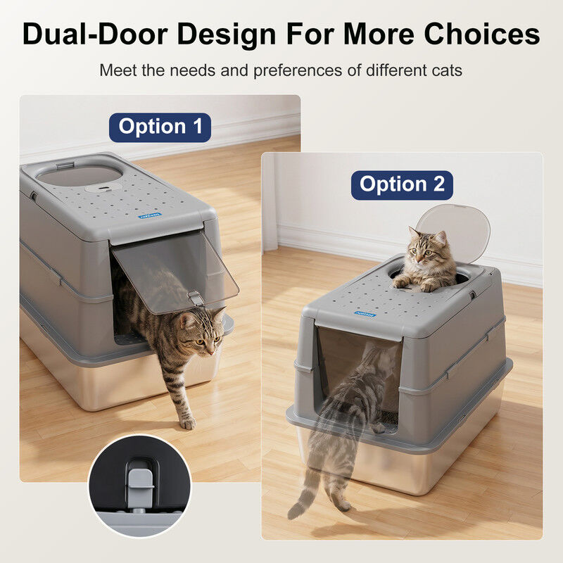 Nobleza Arenero para Gatos de Acero Inoxidable Cubierto con Tapa Rabatible 120&deg; &ndash; Caja de Arena Grande Cerrada y Antifugas con Doble Entrada, Antiolor y Alfombrilla, Arenero Desmontable 3 en 1 para Gatos Grandes y Gatitos, , large Imagen numero 3