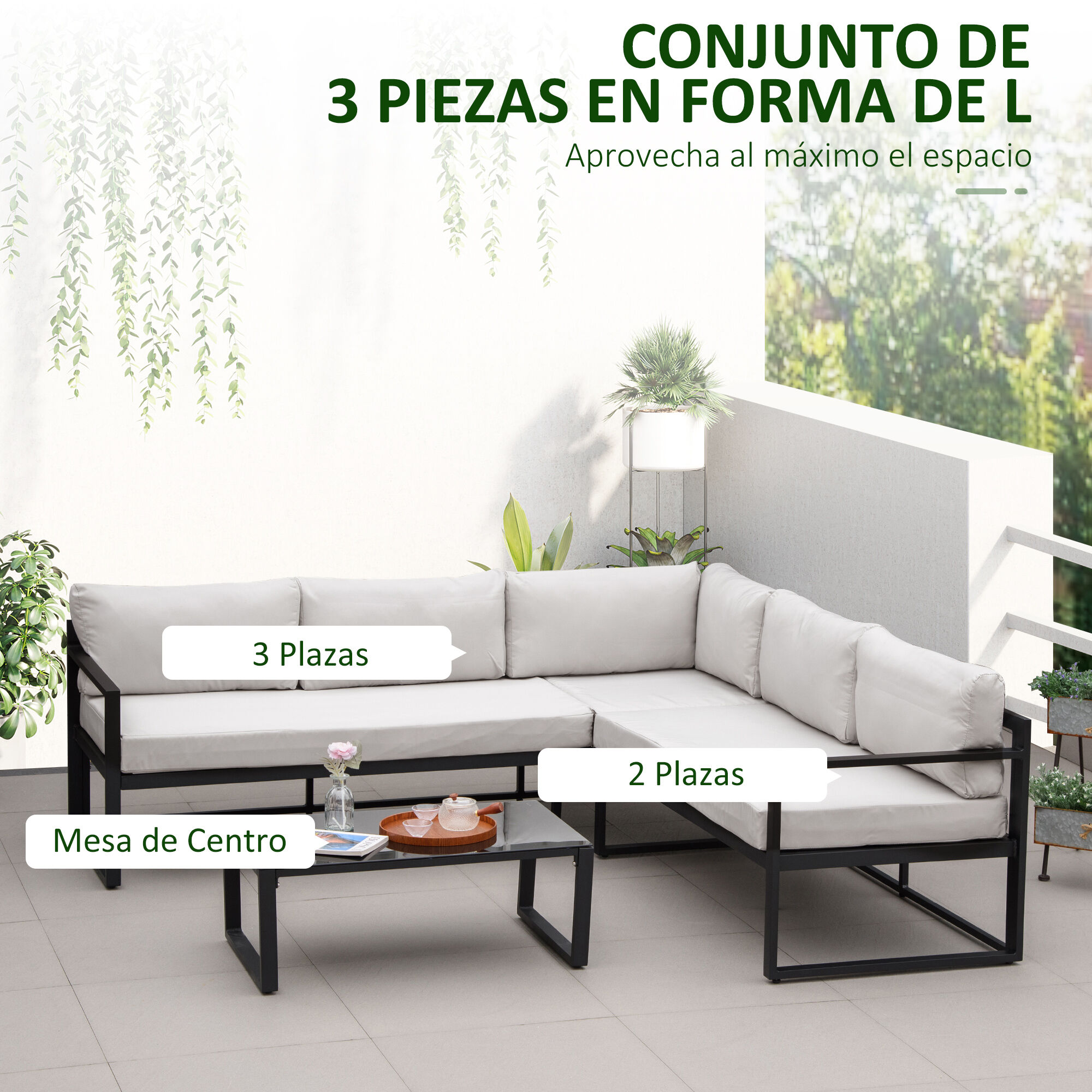 Outsunny Conjunto de Muebles de Jard&iacute;n 3 Piezas de Aluminio Juego de Muebles con Mesa de Vidrio Sof&aacute; de 5 Plazas con Respaldo Ajustable y Cojines Extra&iacute;bles 212x70x64 cm Negro y Gris, , large Imagen numero 4