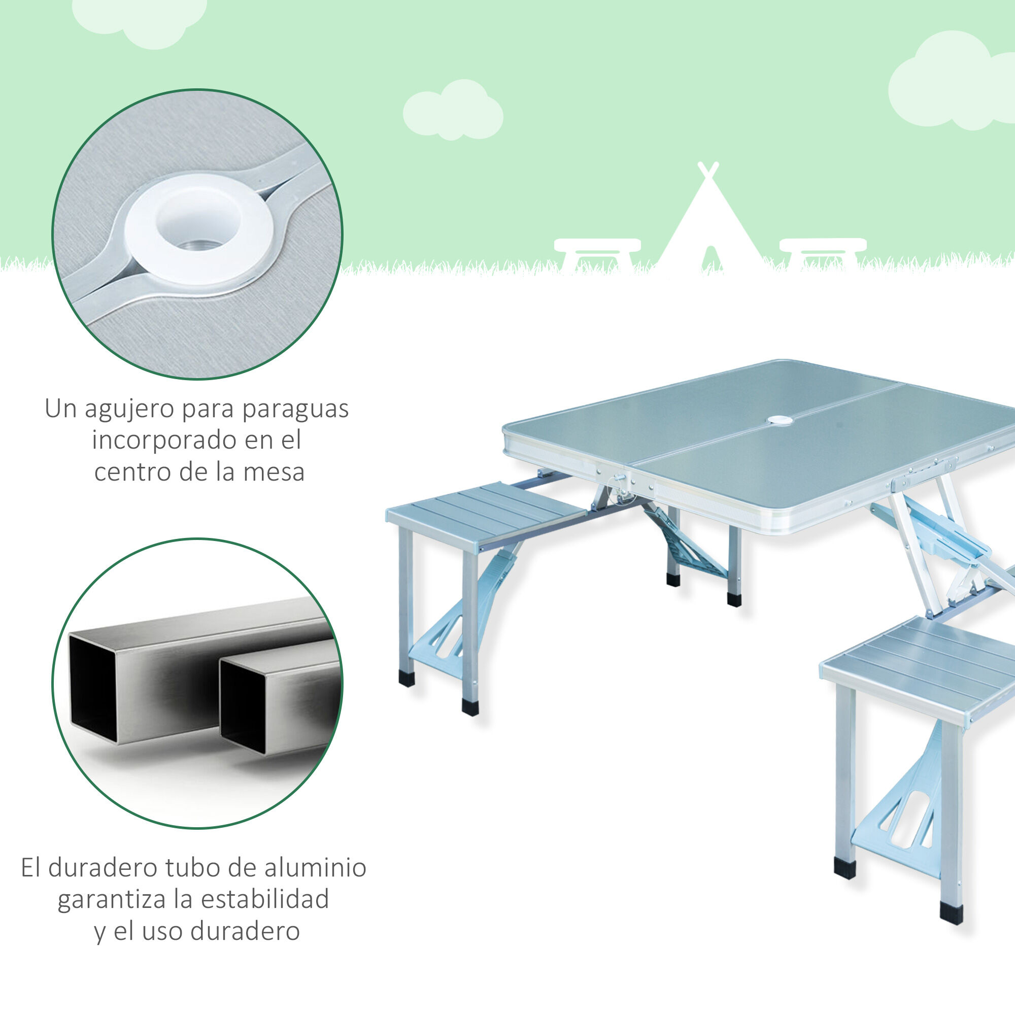 Outsunny Mesa Maleta de Camping Plegable Port&aacute;til con 4 Asientos y Agujero para Sombrilla, , large Imagen numero 4