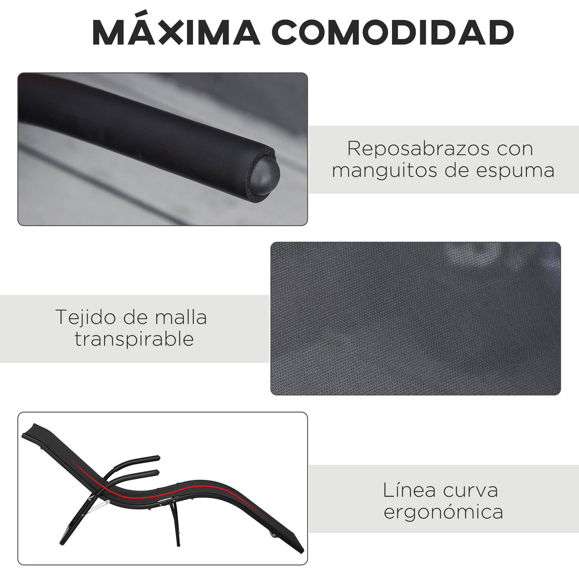 Outsunny Conjunto de 2 Tumbonas Plegables Tumbonas de Jard&iacute;n con Reposabrazos Reposapi&eacute;s y Respaldo Carga 160 kg para Terraza Playa Camping Exterior 170x62x68 cm Negro, , large Imagen numero 5