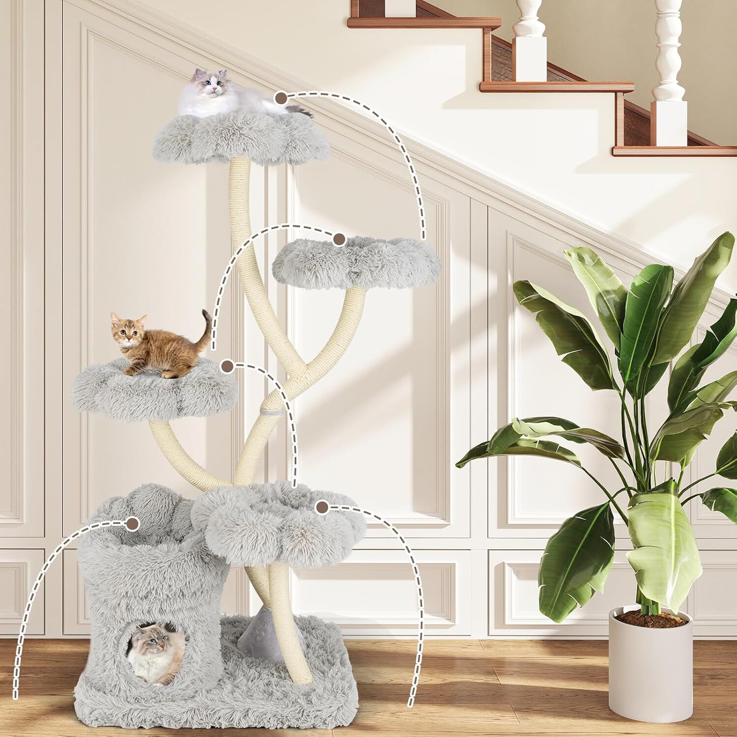 COSTWAY Árbol Rascador para Gatos, Árbol para Gatos Multinivel con 4 Plataformas en Forma de Flor, Postes de Rascado de Sisal, Condominio Privado, Mueble de Escalada para Gatos de Interior (Gris) thumbnail