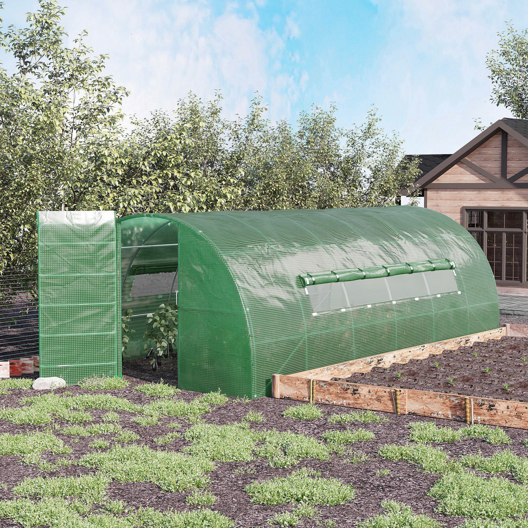Outsunny Invernadero de T&uacute;nel 6x3x2 m con Puerta y Ventanas Invernadero de Jard&iacute;n Grande con Cubierta de PE y Metal Galvanizado para Cultivos Plantas Verduras Verde, , large Imagen numero 2