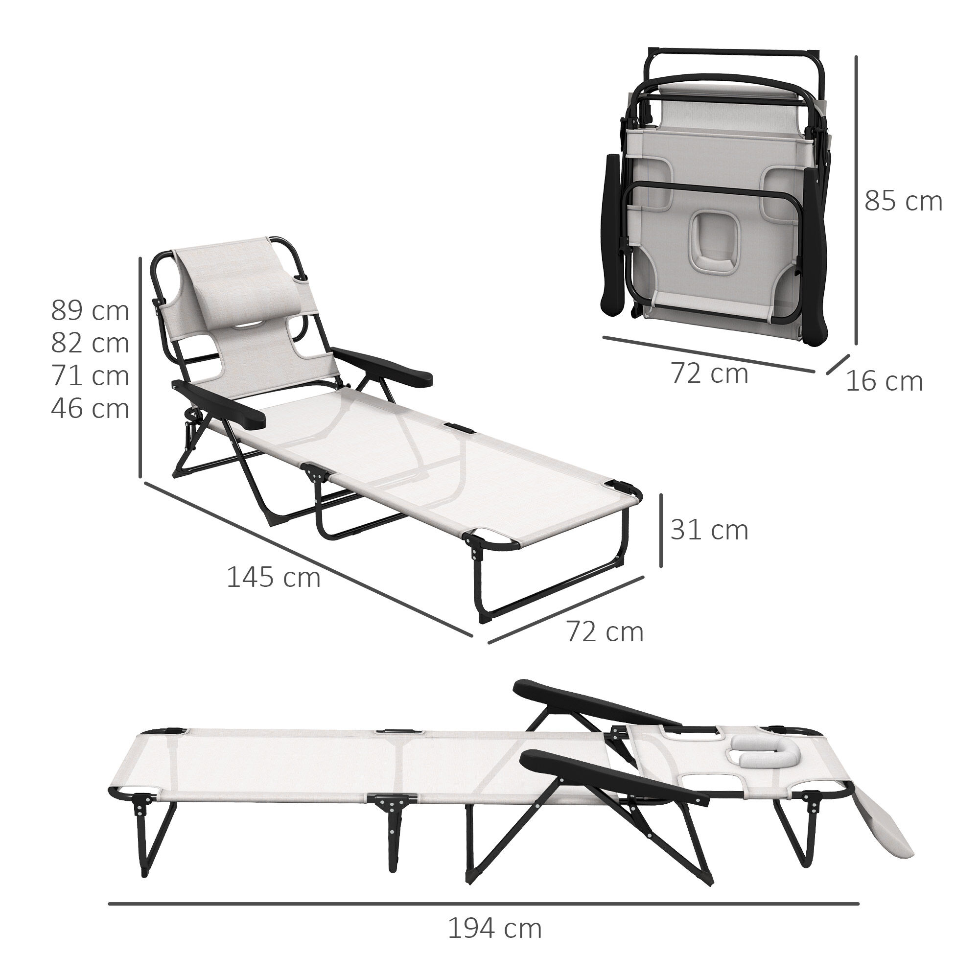 Outsunny Tumbona Plegable Tumbona de Jard&iacute;n con Respaldo Ajustable en 4 Niveles Orificio de Lectura y Reposacabezas para Terraza Piscina 194x72x31 cm Crema, , large Imagen numero 3