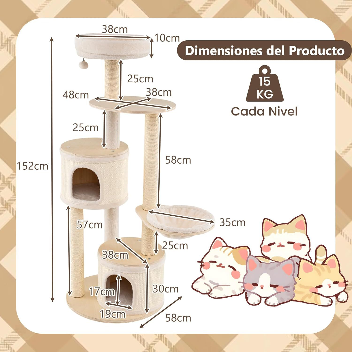 COSTWAY Árbol Rascador para Gatos de 152 cm, Torre Gatos Rascador de Madera Moderno, Árbol de Actividad para Gatito con Postes de Sisal, 2 Casas, Mirador, Hamaca, Bola Colgante, Cojín de Felpa Lavable thumbnail