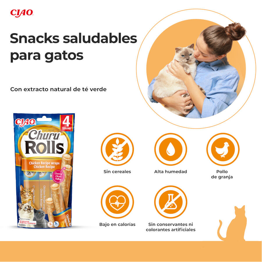 4 sobres x 10 g Churu Sticks Rolls de Pollo para gatos, , large Imagen numero 2