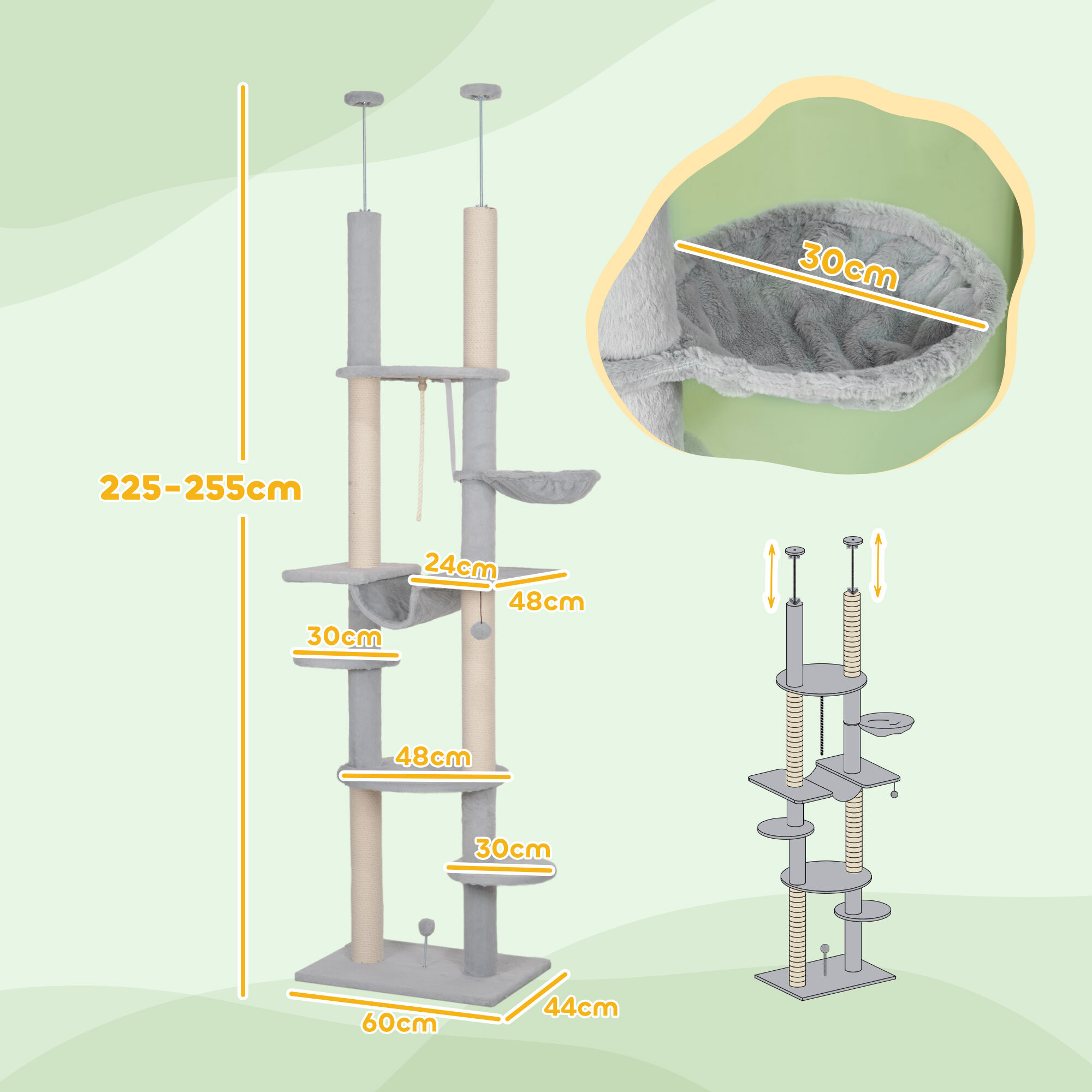 PawHut &Aacute;rbol para Gatos de Suelo a Techo 225-255 cm &Aacute;rbol Rascador para Gatos de 7 Niveles Torre para Gatos con Hamacas Plataformas Juguete de Cuerda Bola de Juguete Gris, , large Imagen numero 3