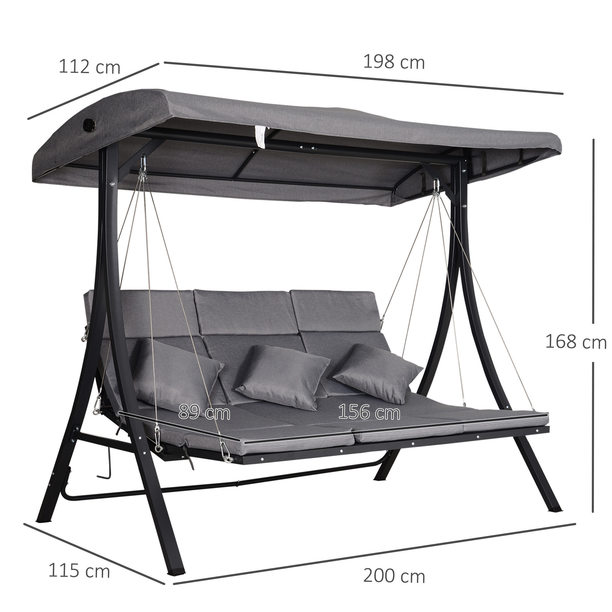 Outsunny Balanc&iacute;n con Toldo Ajustable de 3 Plazas Columpio de Jard&iacute;n con Dosel Cojines para Exterior Terraza Patio Carga 270 kg 200x115x168 cm Gris, , large Imagen numero 3