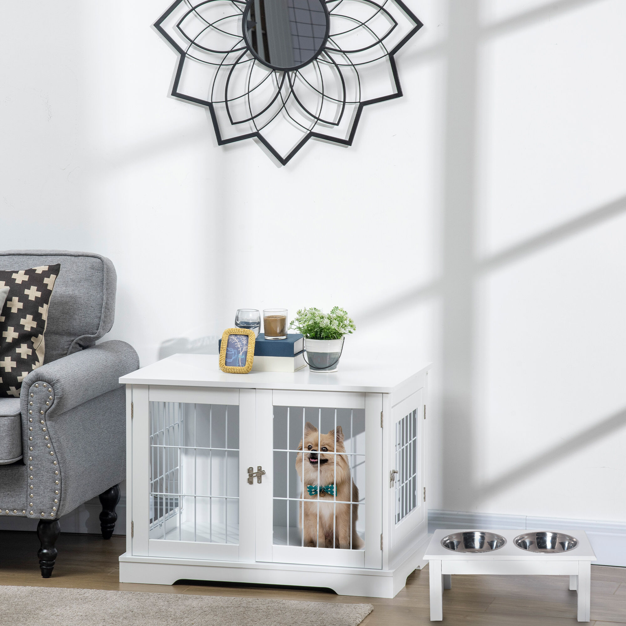 PawHut Conjunto para Mascotas Juego de Jaula para Perros de Madera con 2 Puertas y Comedero Elevado para Perros con 2 Cuencos Extra&iacute;bles de Acero 76x54,5x56 cm 44x24x15 cm Blanco, , large Imagen numero 2