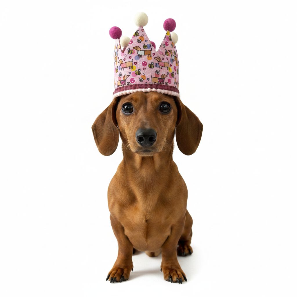 Gorro de cumplea&ntilde;os forma de corona - - Hecha a mano - Estampado de Perro Salchicha Feliz - Rosa, , large Imagen numero 2