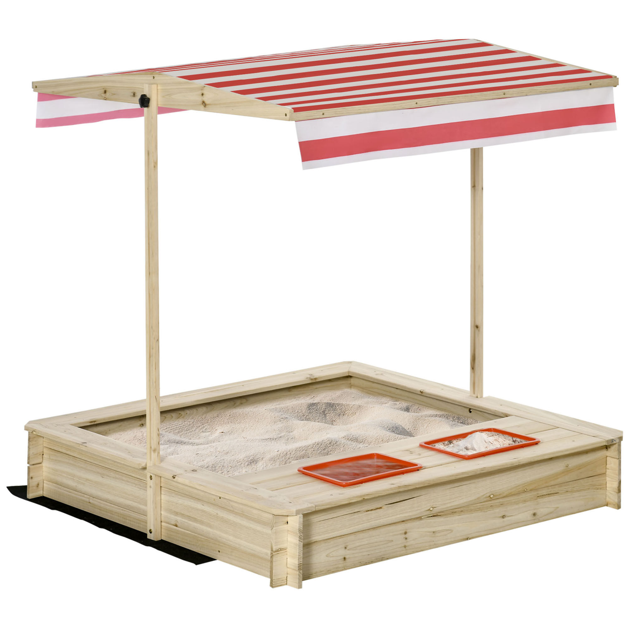 Outsunny Arenero Infantil de Madera con Techo Inclinable Ajustable en Altura y 2 Bandejas Auxiliares Caj&oacute;n de Arena de Jard&iacute;n para Ni&ntilde;os +3 A&ntilde;os 118x118x118 cm Natural y Rojo, , large Imagen numero 1