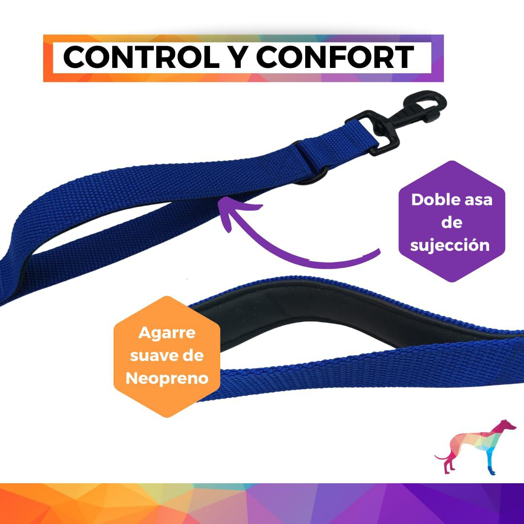 EGV - Correa multiposicion perro con doble asa de neopreno. Correa perro manos libres de 2,50 metros de longitud. (Azul el&eacute;ctrico), , large Imagen numero 2