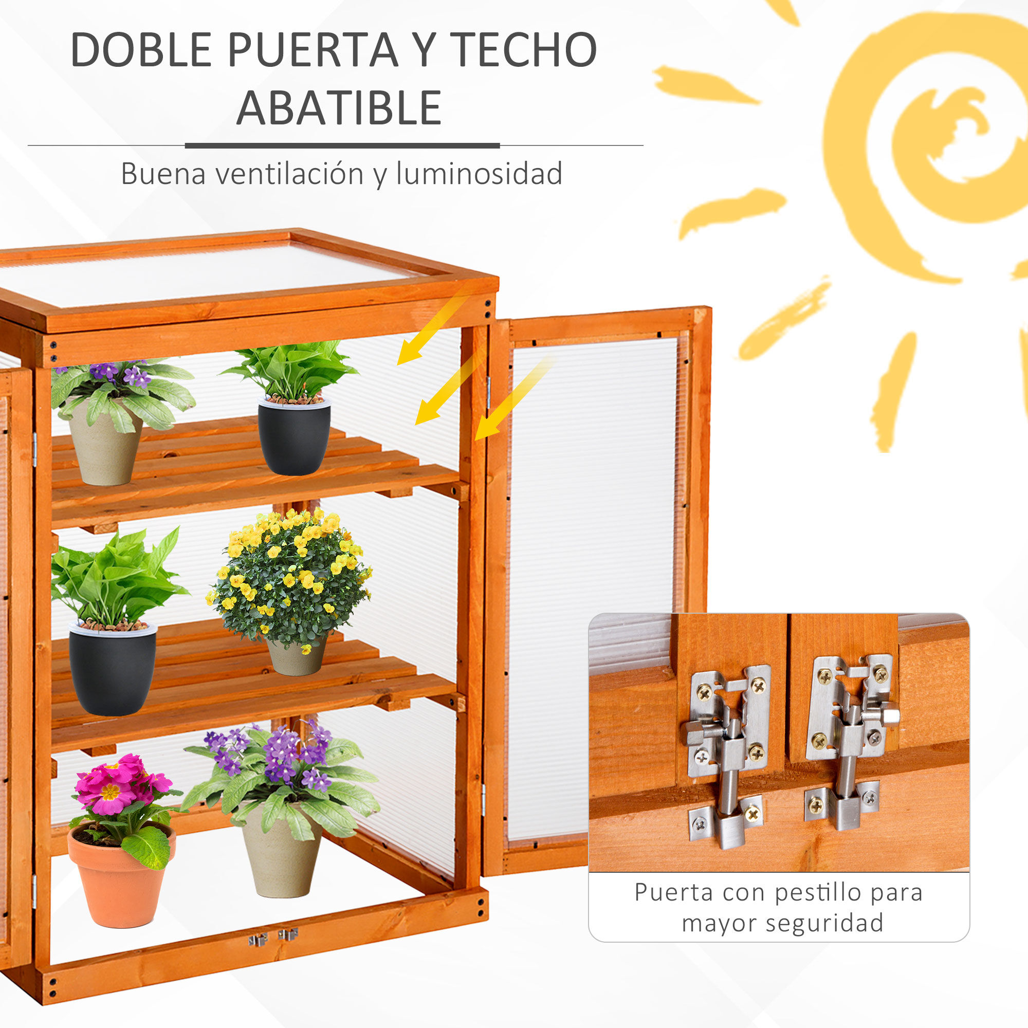 Outsunny Invernadero de Jard&iacute;n de Madera y Policarbonato Invernadero Vivero Casero con 3 Estantes 2 Puertas y Tapa Abatible para Cultivo de Plantas Terraza Patio 58x44x78 cm Natural, , large Imagen numero 5