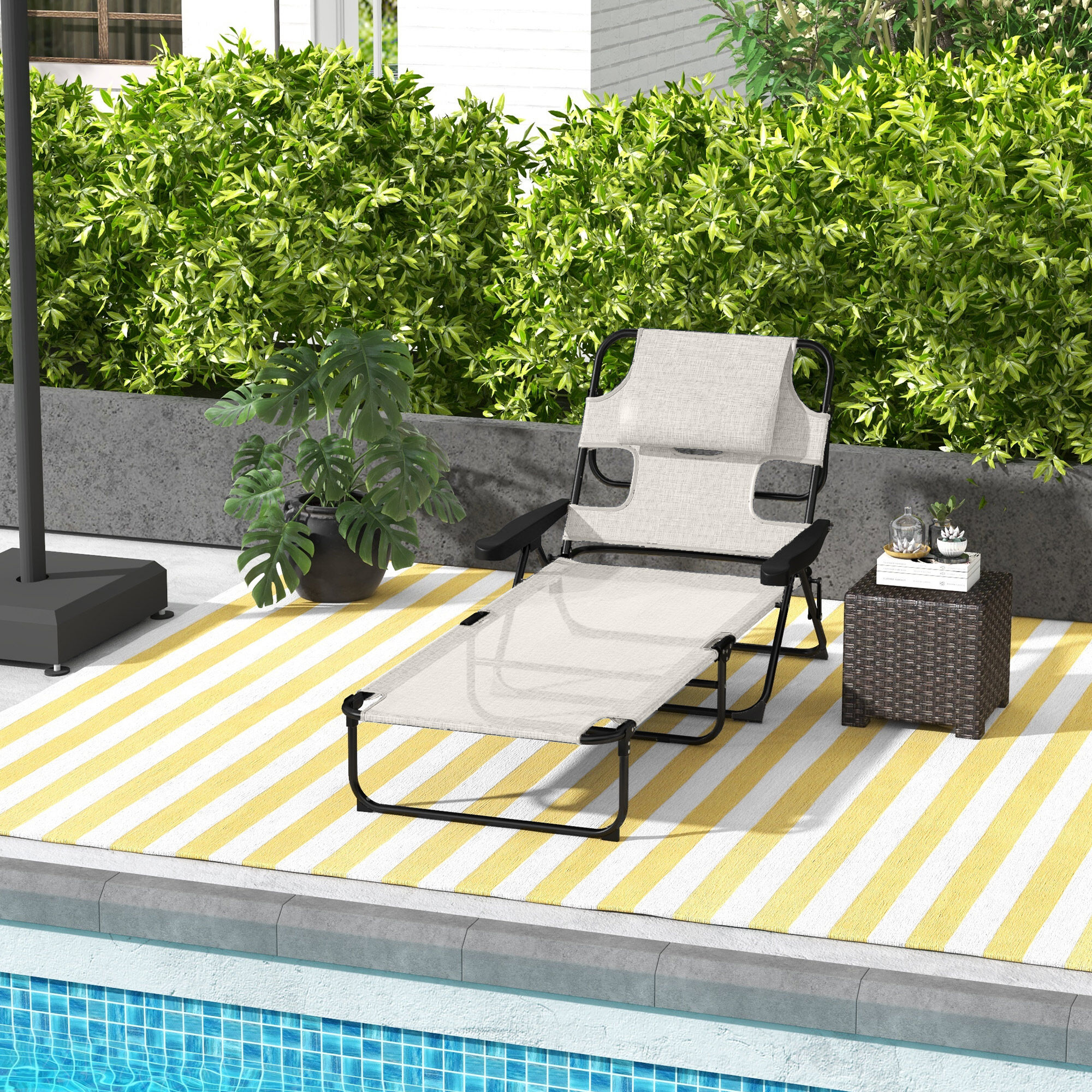 Outsunny Tumbona Plegable Tumbona de Jard&iacute;n con Respaldo Ajustable en 4 Niveles Orificio de Lectura y Reposacabezas para Terraza Piscina 194x72x31 cm Crema, , large Imagen numero 2