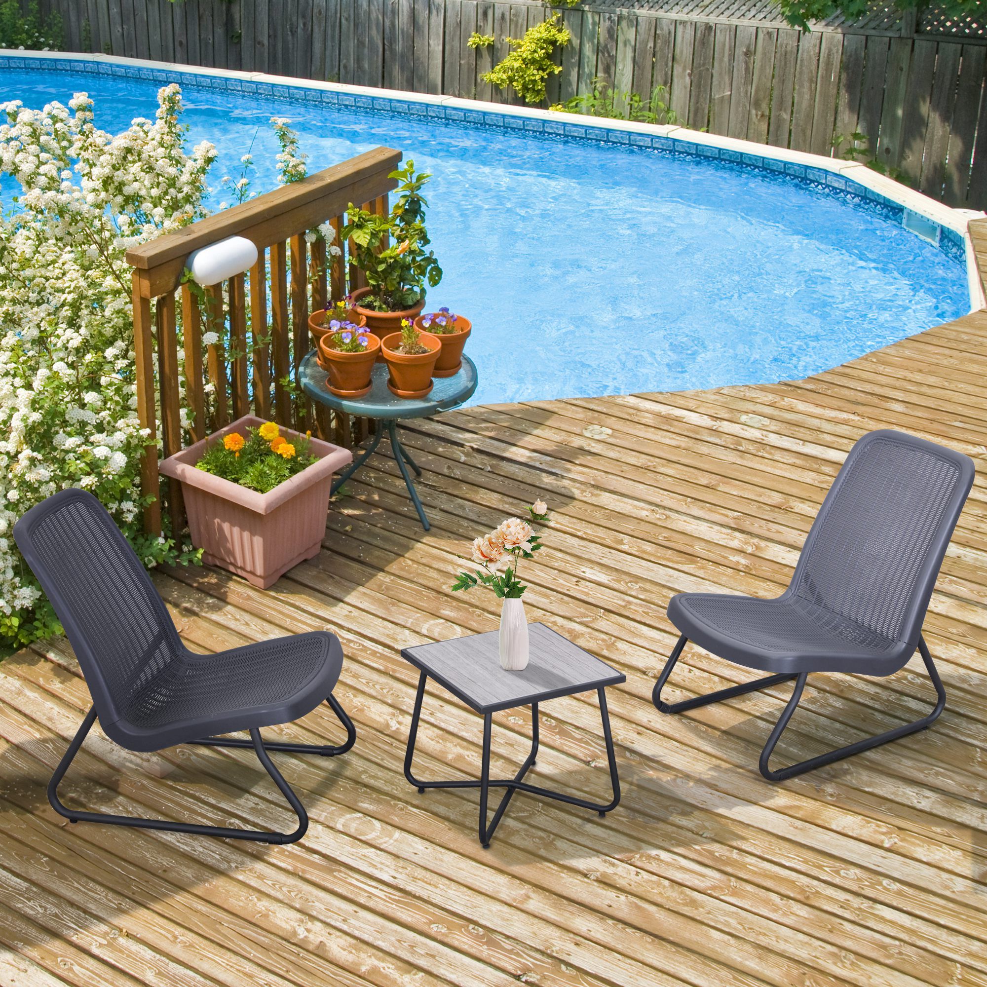 Outsunny Conjunto de Muebles de Jard&iacute;n 3 Piezas Juego de 2 Sillas y Mesa con Encimera de Cristal Templado Efecto M&aacute;rmol, , large Imagen numero 2