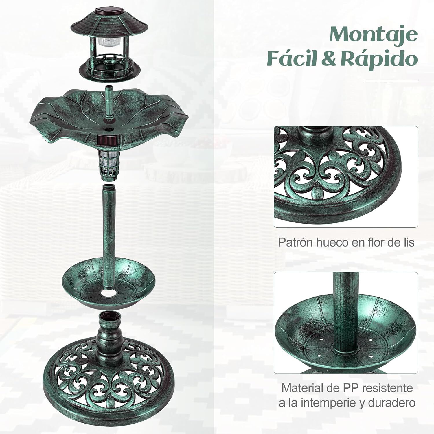 COSTWAY Comedero de Pájaros Exterior con 2 Luces LED Solares y Macetero de Flores verde cobre para aves thumbnail