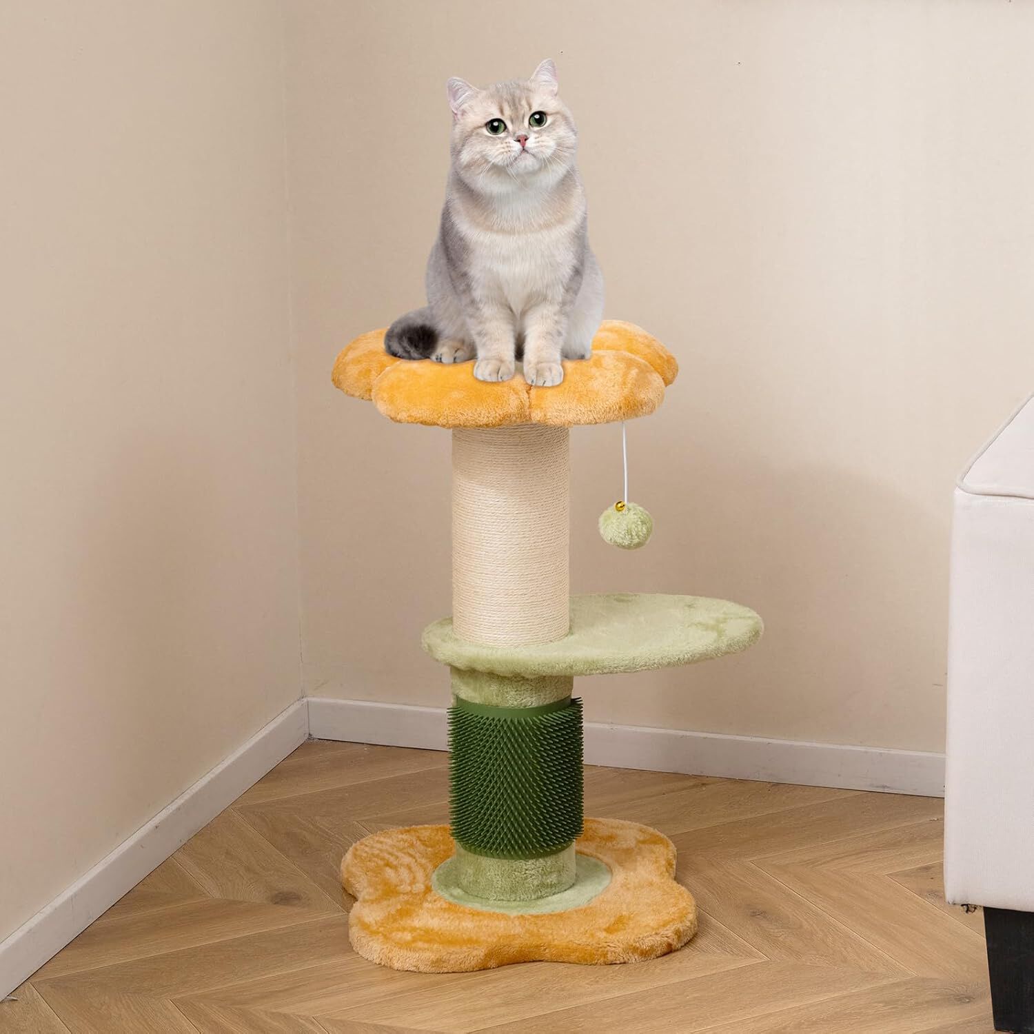 COSTWAY &Aacute;rbol Rascador para Gatos 60cm, Dise&ntilde;o Flores, Torre Peque&ntilde;a para Gatitos con Cama Acolchada de Tela Plush, Poste Rascador de Sisal, Bola Colgante, &Aacute;rbol Pequ&ntilde;o para Gatos, Interior (Amarillo), , large Imagen numero 2