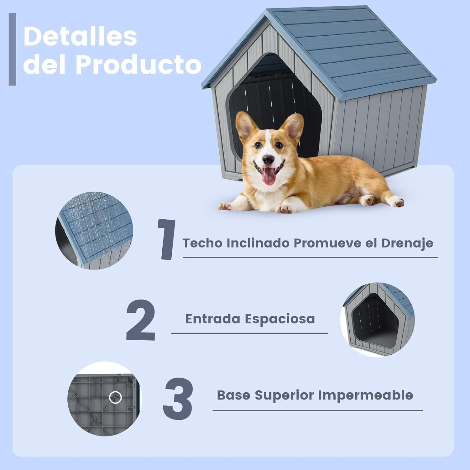 COSTWAY Caseta Gatos Exterior, 59,5x57x58 cm, Casa para Gatos Impermeable de Pl&aacute;stico, Resistente a la Intemperie, Condominio para Mascotas de Interior Exterior con Ventilaci&oacute;n y Techo Inclinado, Azul, , large Imagen numero 4