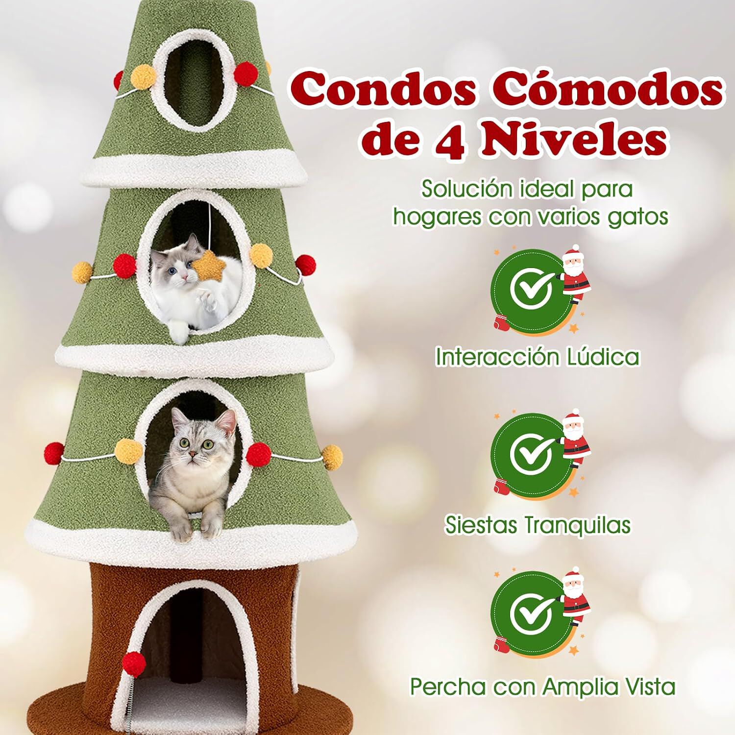 COSTWAY &Aacute;rbol de Navidad para Gatos, 154 cm Torre Gatos Navide&ntilde;o con 4 Condominios, Alfombra de Sisal, Bola Colgante, Estrella, Rascador Gato en Forma de &Aacute;rbol de Navidad, Decoraci&oacute;n Navide&ntilde;a, , large Imagen numero 4