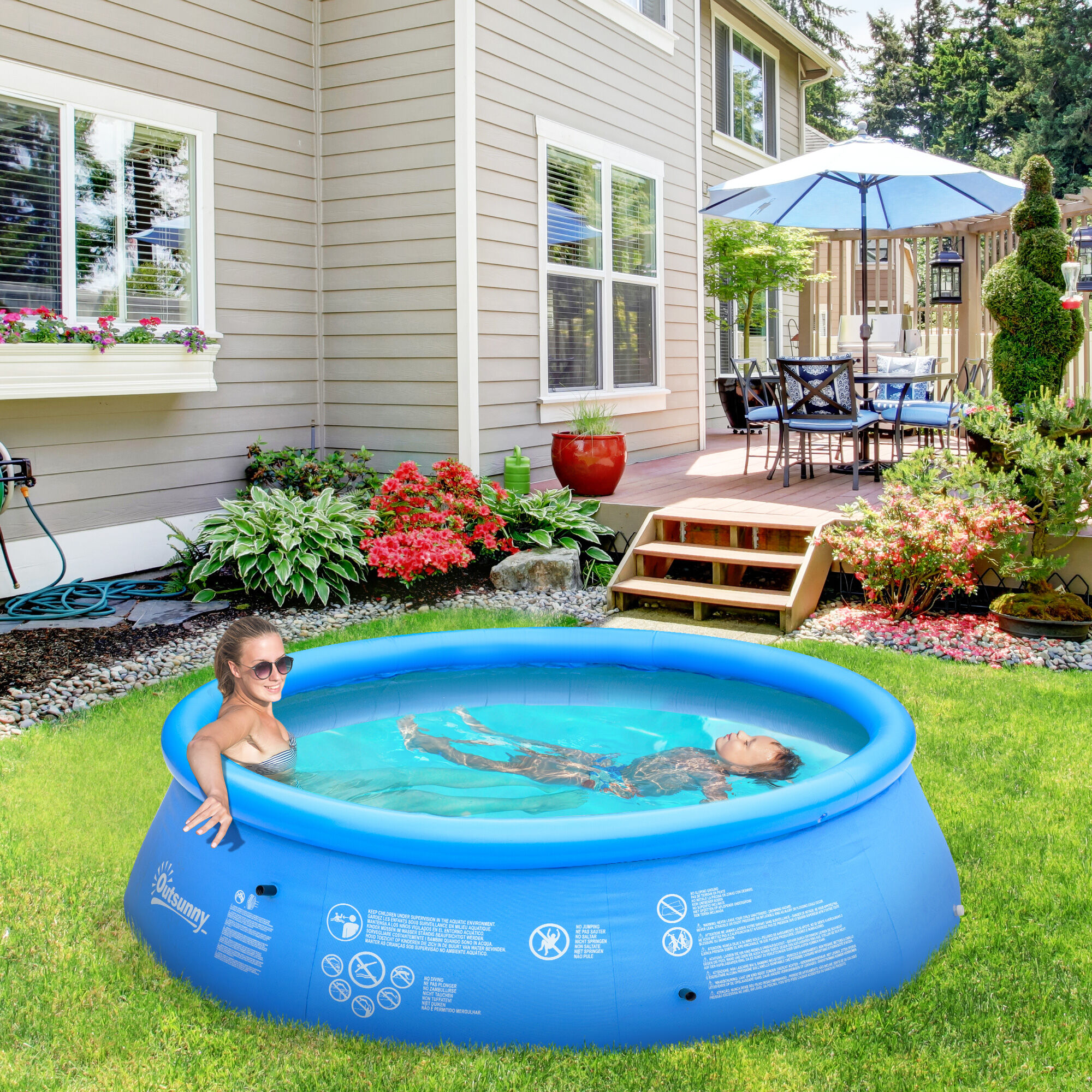 Outsunny Piscina Hinchable Redonda 4.000 Litros &Oslash;274x76 cm para 3-4 Personas Piscina Inflable Familiar Adultos y Ni&ntilde;os con Inflador de Mano para Jard&iacute;n Patio Exterior Azul, , large Imagen numero 2