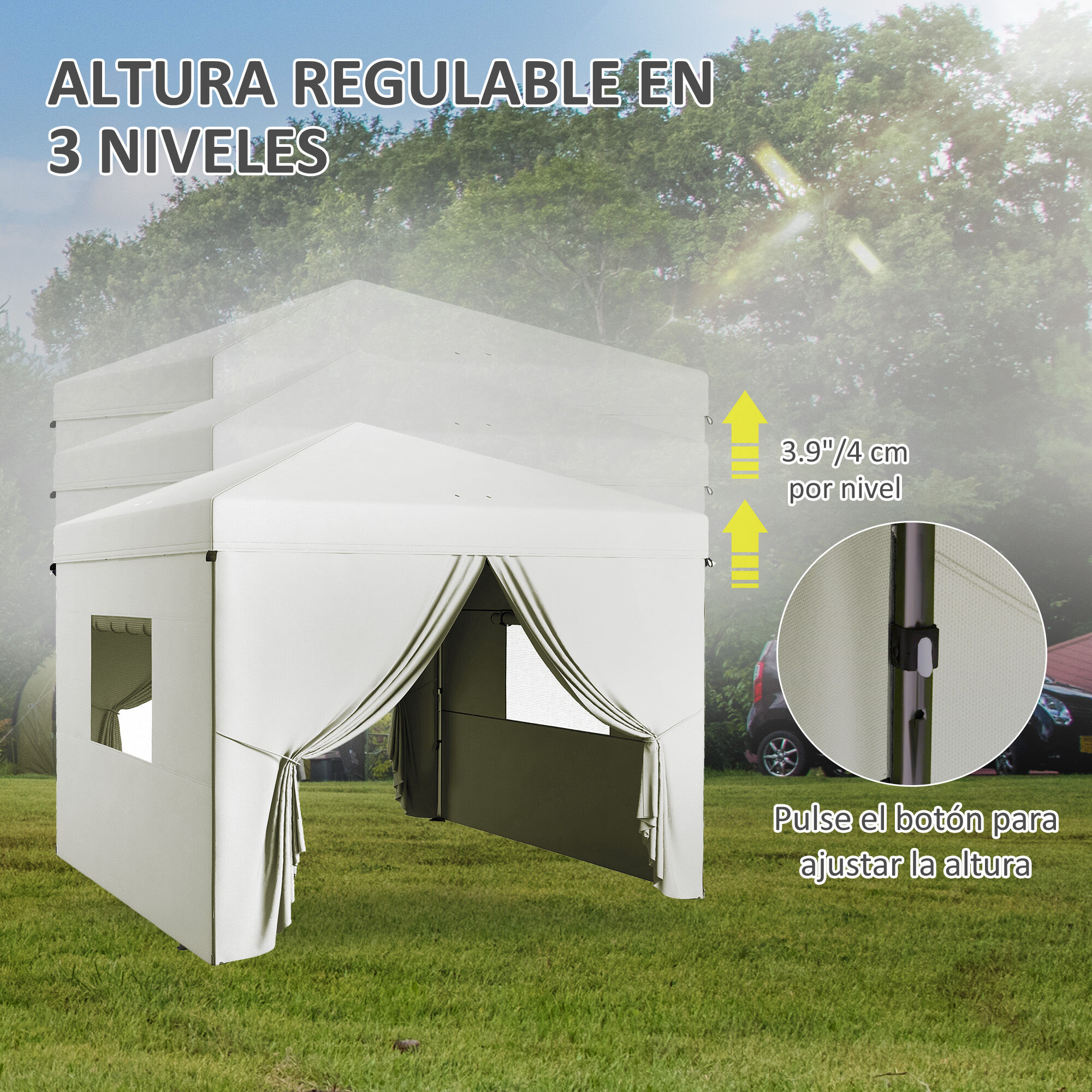 Outsunny Carpa Plegable Pop-Up 3x3 m Cenador de Jard&iacute;n con 4 Paredes Laterales 2 Ventanas de Malla Altura Ajustable Bolsa de Transporte Impermeable y Anti-UV para Camping Fiestas Blanco, , large Imagen numero 5