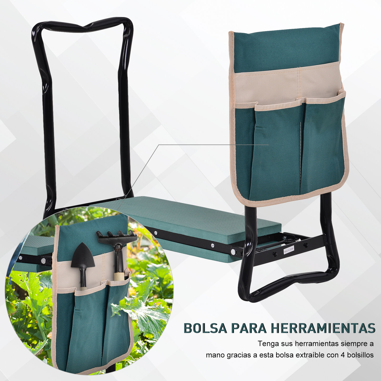 Outsunny Taburete de Jard&iacute;n Plegable con Bolsa para Herramientas Protecci&oacute;n Coj&iacute;n Rodillas Asiento de Jard&iacute;n con Almohadilla Altura Ajustable Soporta un m&aacute;ximo 150kg Color Verde Negro, , large Imagen numero 5