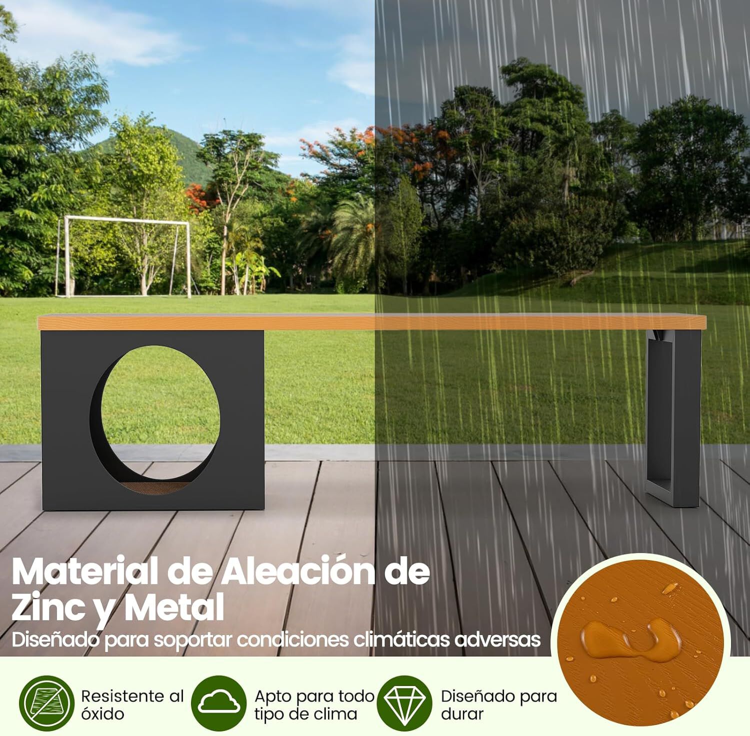 COSTWAY Banco de Exterior de 150 cm con Casa para Gatos, Banco Largo de Metal con Agujero para Gatos y Almohadilla Rascadora, Soporte 450 kg para 3 Personas, Ideal para Jardín, Patio, Entrada y Porche thumbnail