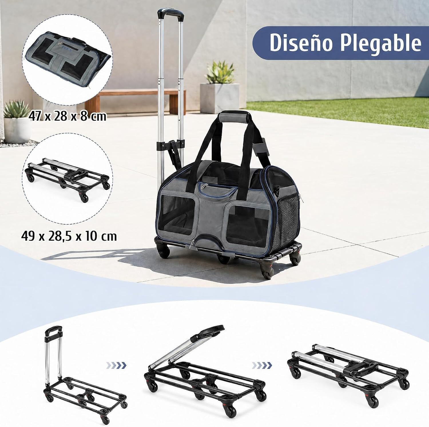 COSTWAY Transport&iacute;n con Ruedas para Gatos con Mango Telesc&oacute;pico, Bolsa Transporte Plegable con Asa Acolchada, Entradas con Cremallera y Coj&iacute;n Extra&iacute;ble, Portador de Viaje para Mascotas, Gris Azul, , large Imagen numero 5