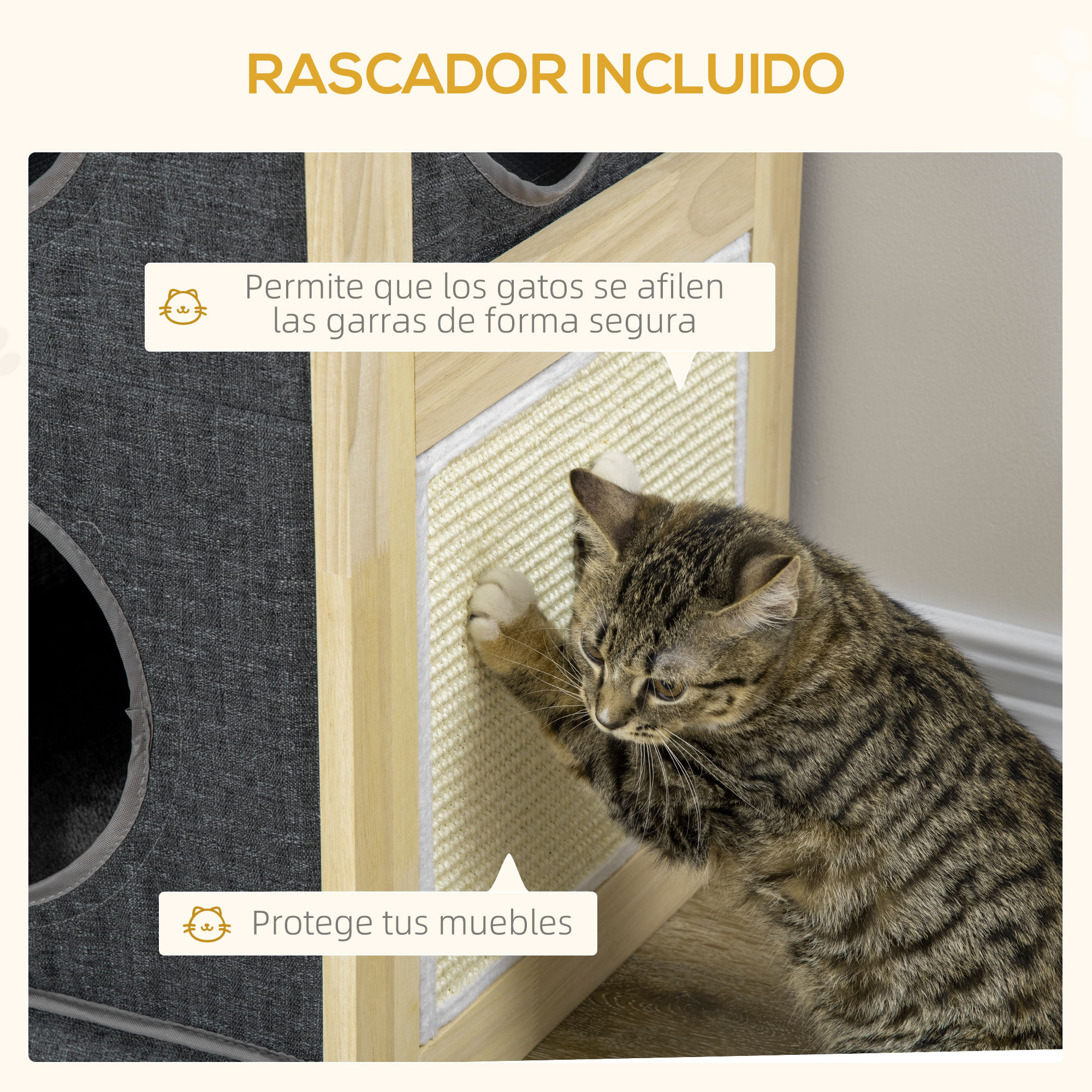 Pawhut Cama Cueva para Gatos de Madera Barril Rascador para Gatos Casa para Gatos de Interior con 2 Cojines Extra&iacute;bles y Lavables Tablero de Sisal 40x40x70 cm Gris, , large Imagen numero 4